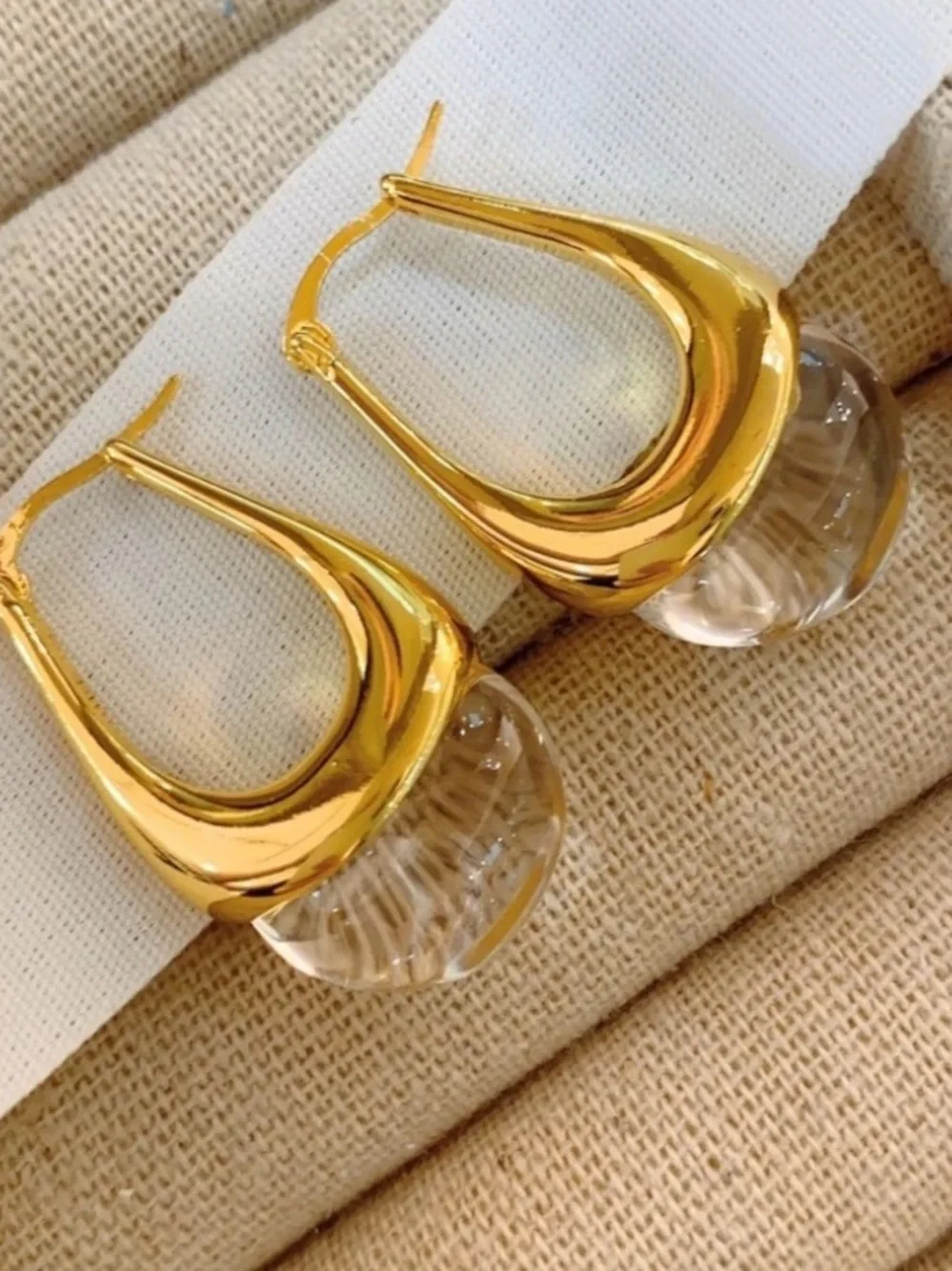 Gold Hoop Earrings with Clear Glass Drops